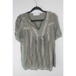 Fair Haven Women Top Large‎ Green Short Sleeve Gold Metallic Cottage Blouse